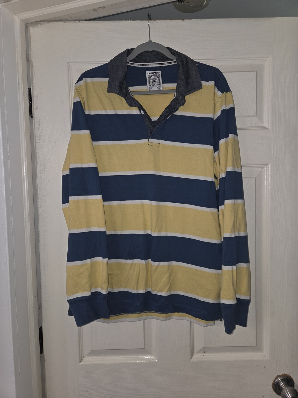 Lands' End vintage Mens L Blue Yellow White Striped Rugby Polo Long Sleeve Knit